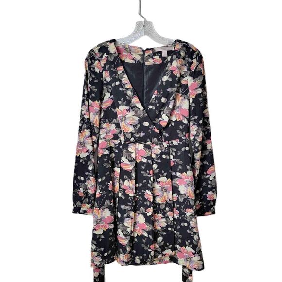 Forever 21 Black Floral Print Long Sleeve A Line Dress Tie Back Size Small - Picture 1 of 8